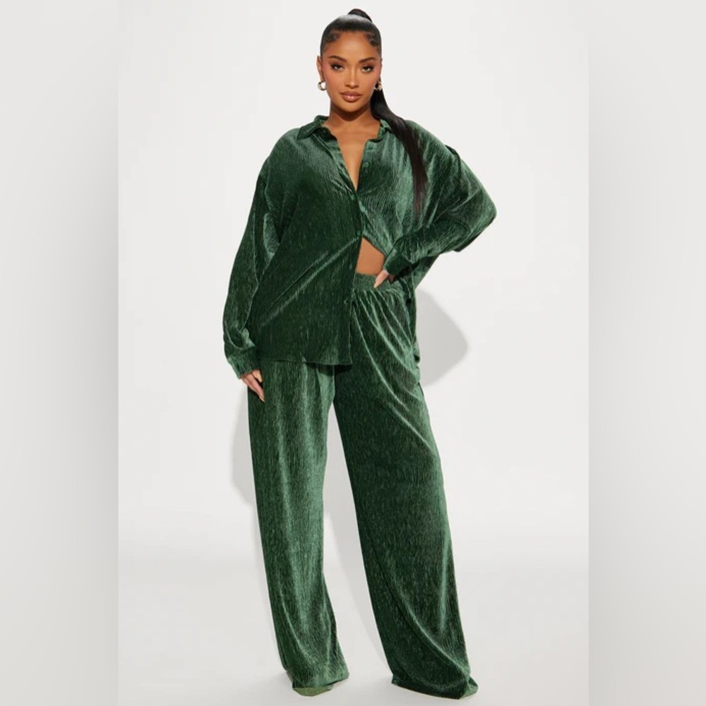 Jenelle Velvet Plisse Pant Set - Hunter Size S